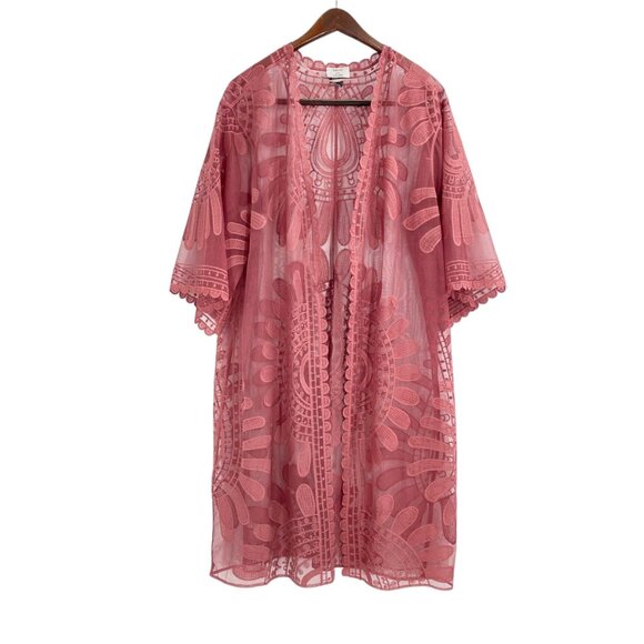 David and Young Rose Pink Floral Lace Kimono Duster Womens One Size Boho Sheer - Picture 1 of 9